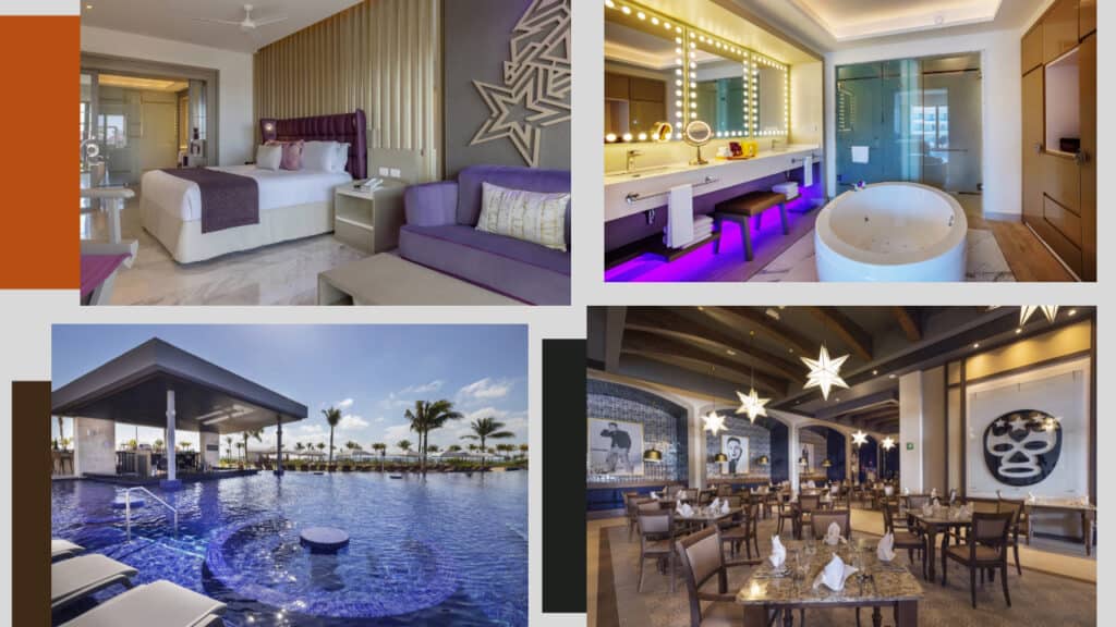 A collage of pictures showcasing the luxurious swimming pools at various Cancun hotels.