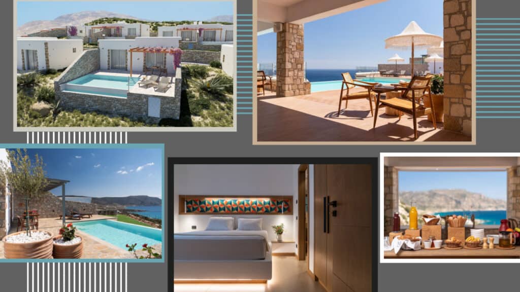 A collage of photos showing a swimming pool and a hotel in Greece.