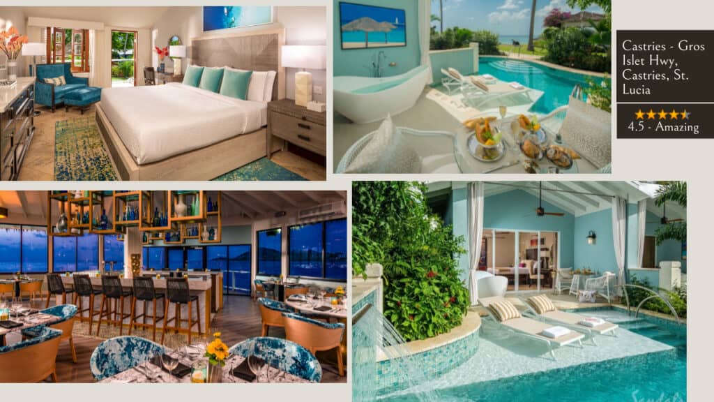 A collage of pictures of a St. Lucia resort with a swimming pool.