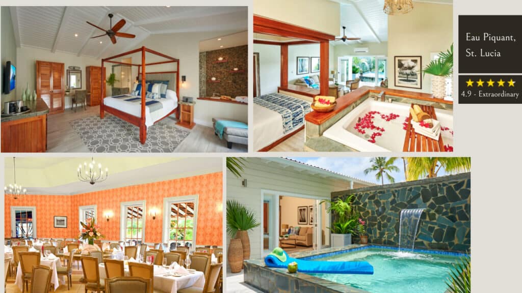 A collage of different rooms in St. Lucia hotels.