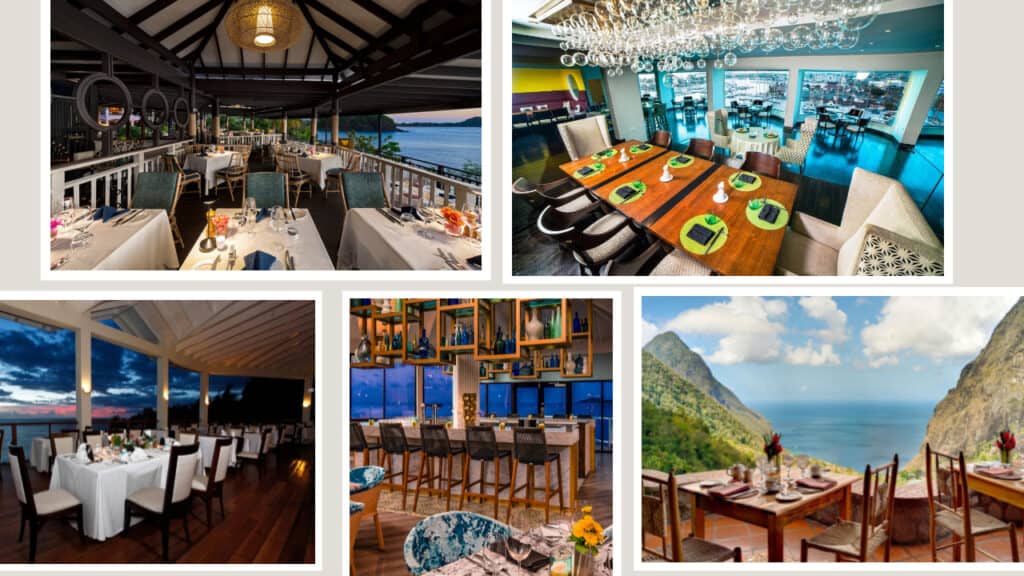 A collage of different images showcasing the ambiance, interior, and delectable dishes of a restaurant nestled within St. Lucia hotels.
