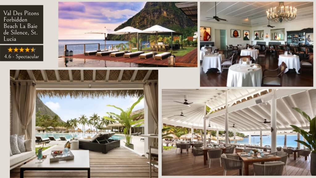 A collage of pictures of a restaurant with a view of the ocean at St. Lucia hotels.