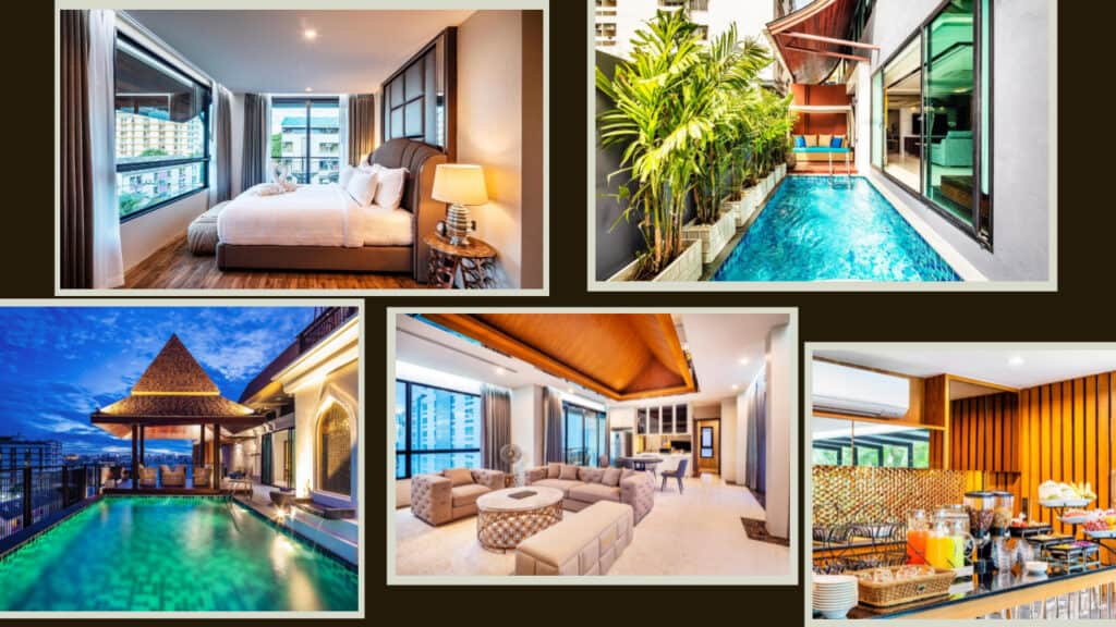 A collage of different Bangkok hotels rooms.