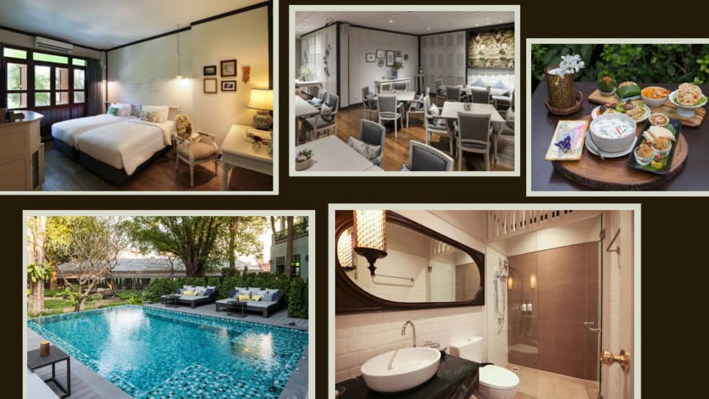 A collage of different rooms in Bangkok hotels.