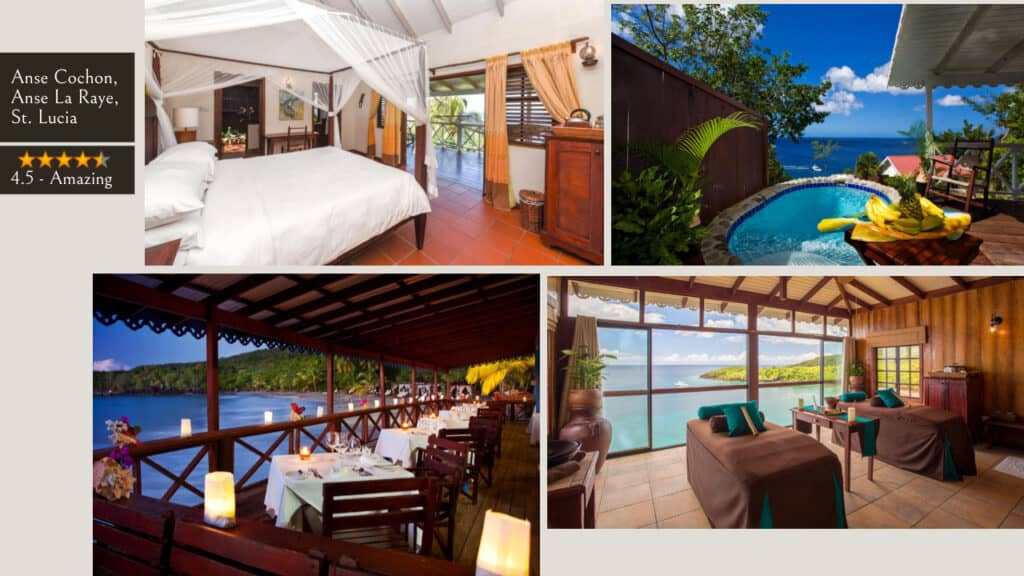 A collage of a luxurious room with a pool and a comfortable bed in one of the finest St. Lucia hotels.