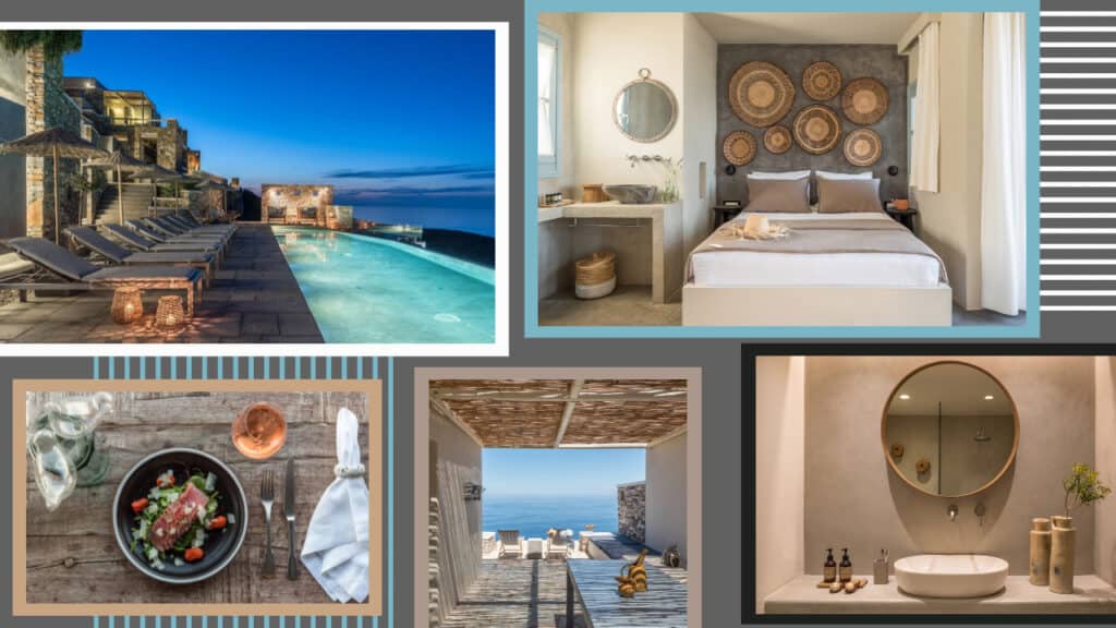 A collage of photos showing a bedroom, bathroom, and pool in Greece hotels.