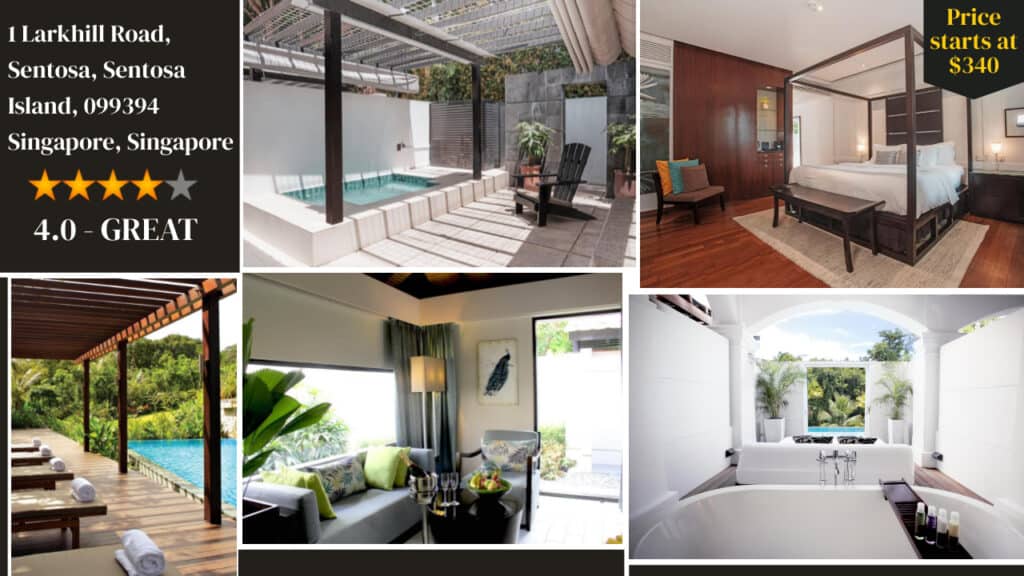 Composite image displaying various luxury accommodations at Sentosa resort hotels in Singapore with starting price indicated.