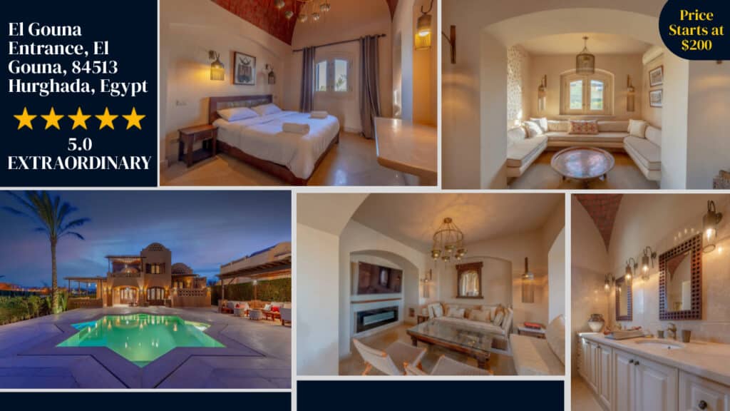 Luxury Egypt hotels advertisement for El Gouna entrance, Hurghada, with images showcasing elegant interiors and a pool.