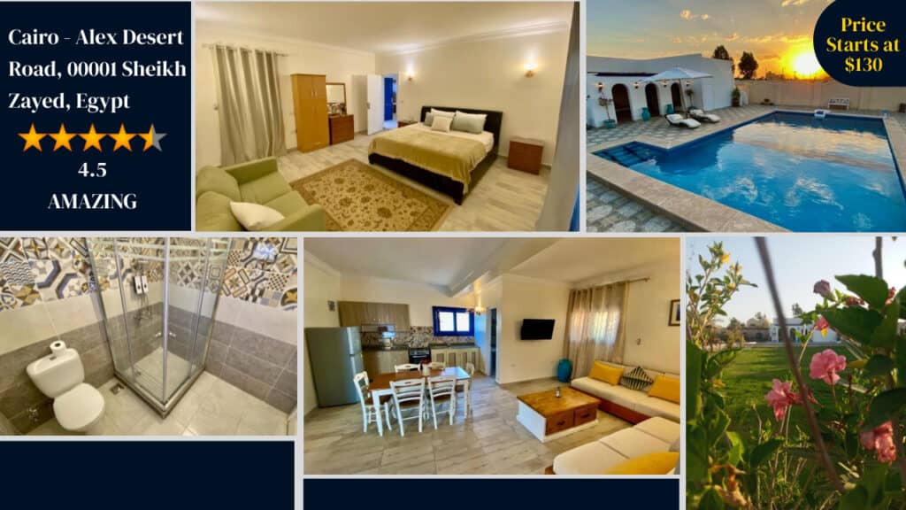 A promotional collage showcasing various amenities of egypt hotels in Cairo, featuring a bedroom, bathroom, living space, pool, and garden, with a 4.5-star rating and starting price of.