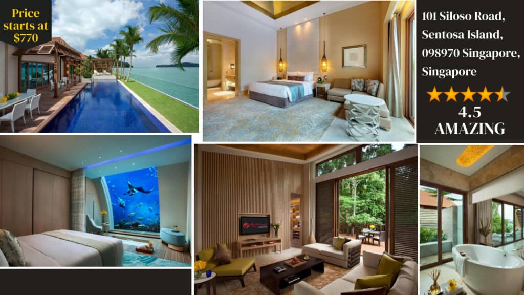 Luxurious Sentosa Hotels offerings showcased with starting price, including overwater bungalow, stylish interior rooms, and underwater aquarium view, located on Sentosa Island, Singapore, with a high guest rating.