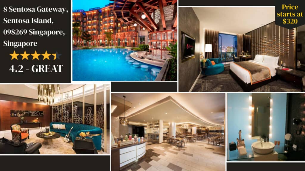 Luxurious Sentosa Hotels in Singapore featuring an inviting pool, elegant rooms and suites, upscale decor, and dining amenities, with prices starting at $320. Rating: 4.2 - great.