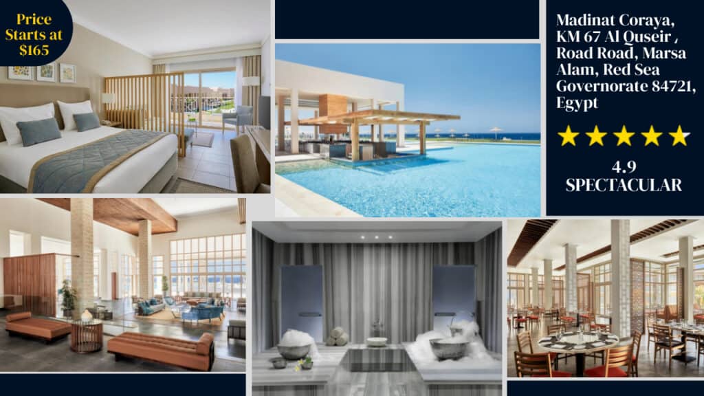 Luxurious Egypt hotels accommodations and amenities with a pool, showcasing rooms and facilities with a starting price of $165, located in Madinat Coraya, rated 4.9 stars as spectacular.