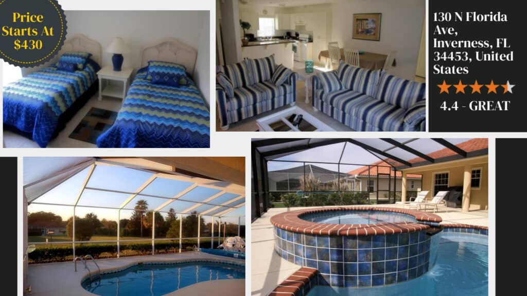 A collage of a house with a pool and a couch, resembling luxury Florida hotels.