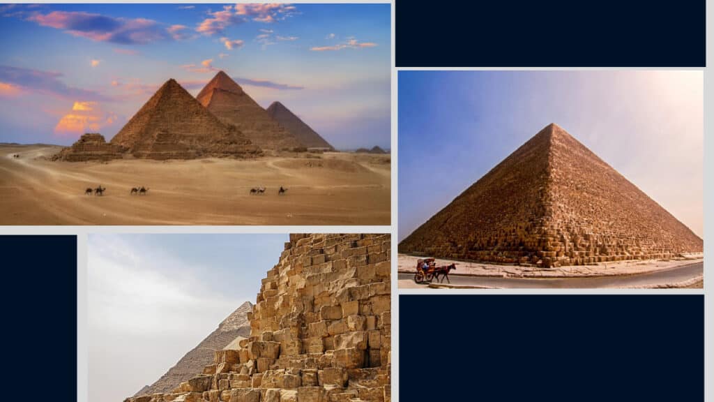 A collage of the great pyramids of Giza, featuring wide landscape views and a close-up with individuals for scale, including the backdrop of Egypt hotels.