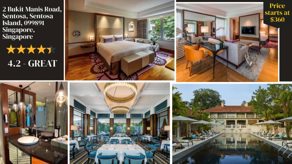 Luxurious Sentosa Hotels accommodations, featuring elegant rooms, fine dining, and a serene pool, located at Sentosa Island, Singapore, with a starting price point of $360.