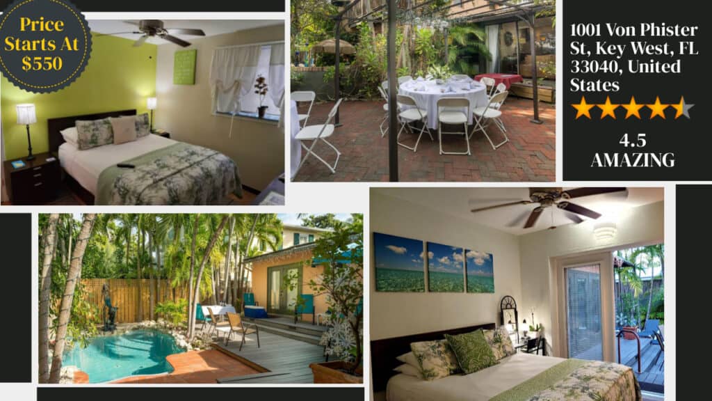 A collage of a bedroom and a pool at a Florida hotel.