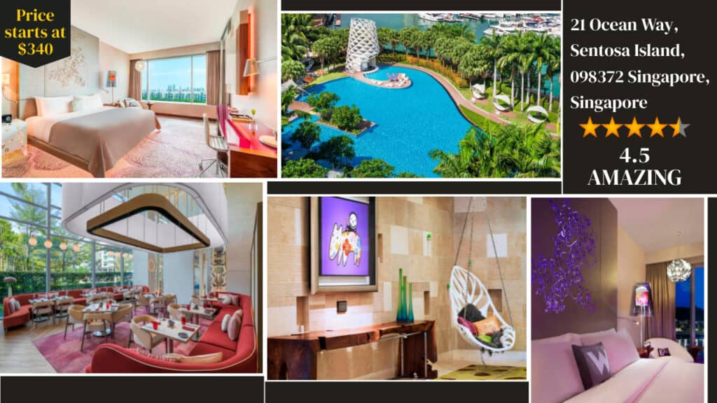 Luxurious Sentosa hotel offerings, including elegant rooms, unique pool, and exquisite dining with starting price and high guest rating highlighted.
