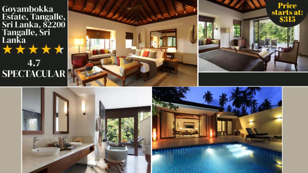 Interior and exterior views of an upscale villa in Tangalle, Sri Lanka, featuring bedrooms, a bathroom, a living room, and an outdoor pool. Rated 4.7 with prices starting at $315. A prime choice among Sri Lanka hotels for an unforgettable stay.