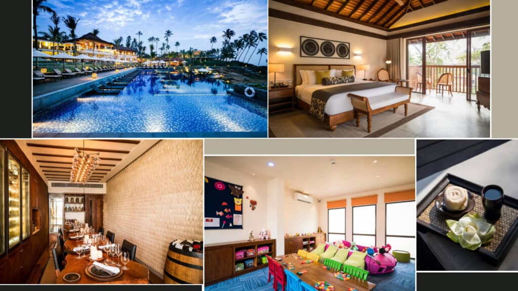 Experience the vibrant charm of Sri Lanka hotels with a resort featuring a pool at sunset, a luxury bedroom, an elegant dining area, a colorful kids' playroom, and a tray with tea and aromatherapy items on the bed.