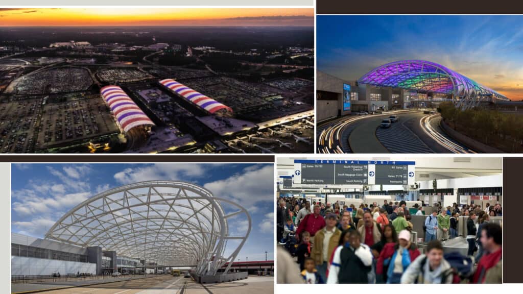 A collage showcasing various airport facilities, bustling passenger activity, and the best Atlanta hotels with indoor pools.