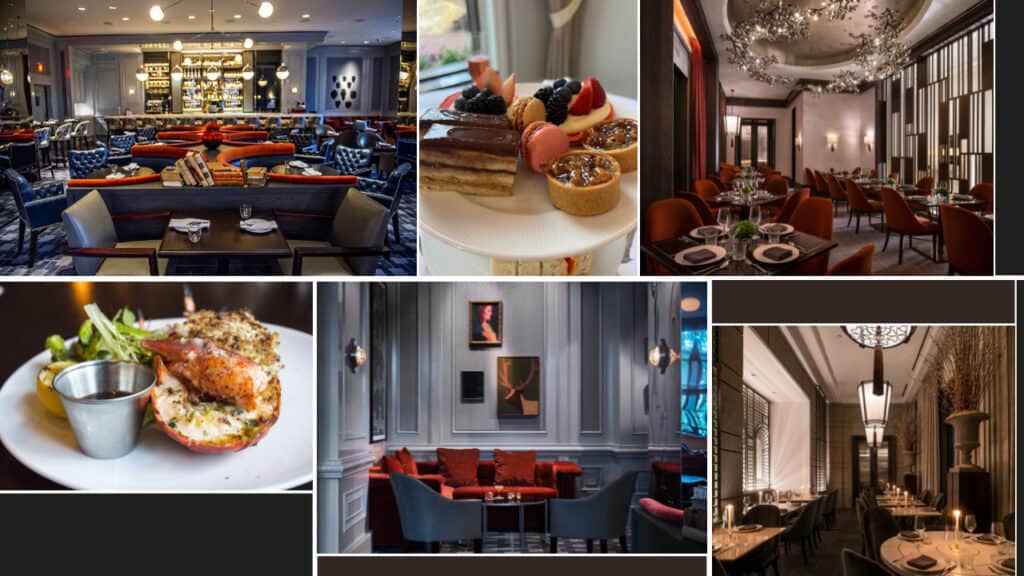 A collage showcasing various aspects of a luxury dining experience at one of the best Atlanta hotels, including elegant interior design, gourmet dishes, and sophisticated ambiance.