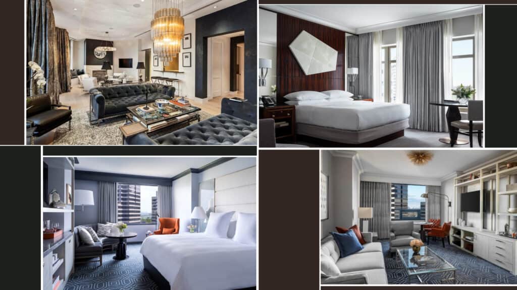 Collage of four modern and luxurious Atlanta hotel room interiors featuring stylish décor and city views.