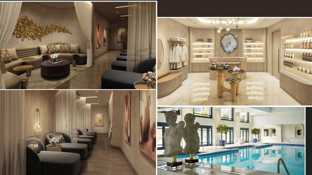 A collage of luxurious spa interiors in the best Atlanta hotels, featuring a relaxation lounge, a product display area, a hallway with seating, and an indoor pool.