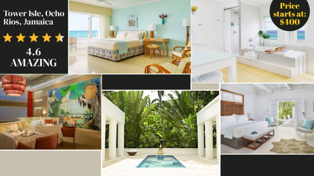 Images of a tropical resort in Ocho Rios, Jamaica hotels featuring luxurious bedrooms, a dining area, a pool surrounded by greenery, and the text "Price starts at $400" and "4.6 AMAZING.