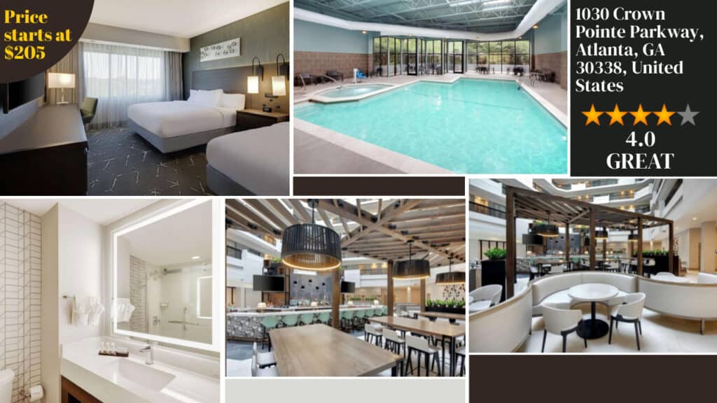 Promotional collage for one of the best Atlanta hotels featuring its amenities including a bedroom, pool, bathroom, and dining area, with location details and pricing.