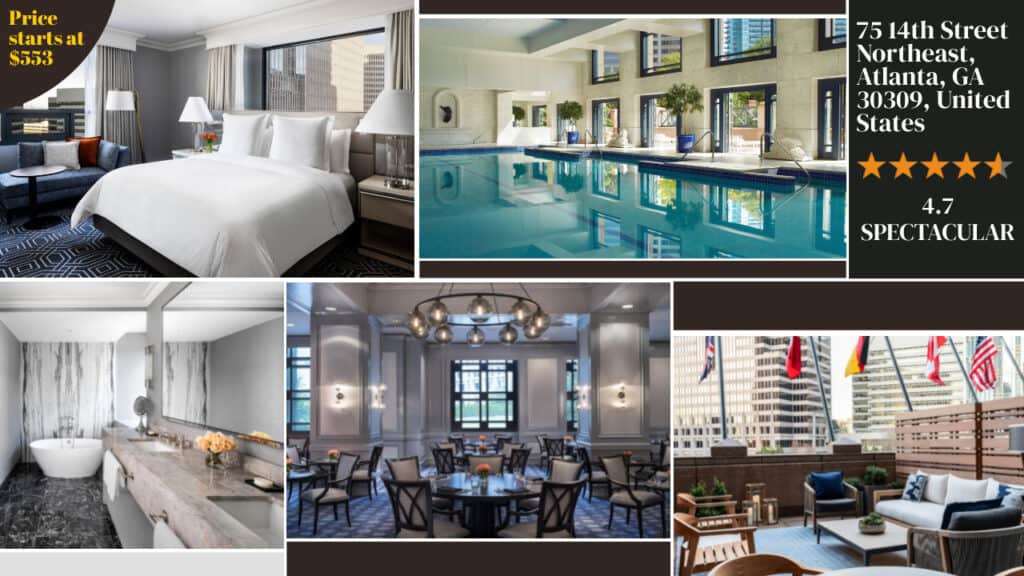 A collage showcasing various amenities of one of the best Atlanta hotels with indoor pools: a bedroom, an indoor pool, a bathroom, a dining area, and the hotel's exterior, along with location details