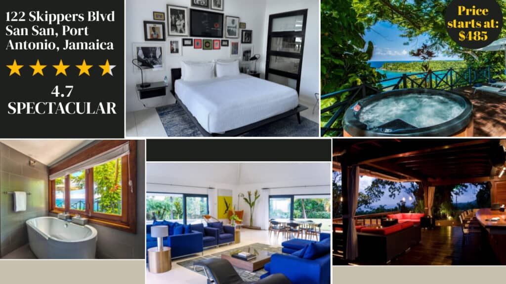 A collage showcasing a rental property at 122 Skippers Blvd, San San, Port Antonio, Jamaica hotels, featuring images of a bedroom, hot tub, bathroom, living area, and outdoor seating area. Prices start from $485 per night.