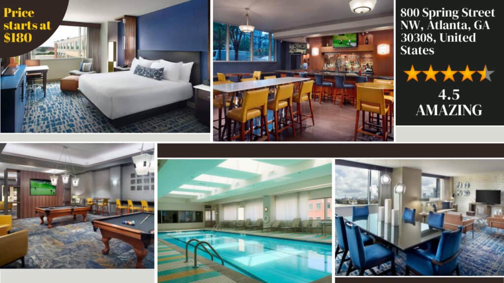 A collage of the best Atlanta hotels' amenities including a bedroom, bar area, lobby, and swimming pool with an indoor option, with the location, starting price, and a 4.5-star