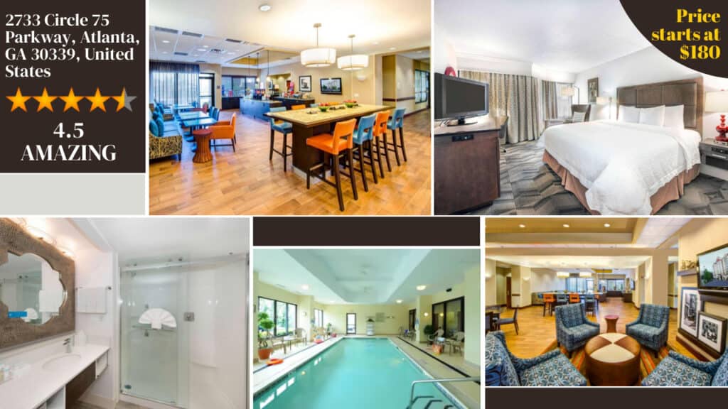 Hotel amenities and room interiors in the best Atlanta hotels showcased with star rating and price information.