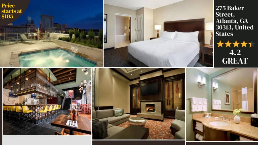 Promotional collage showcasing various amenities of one of the best Atlanta hotels, with a starting price of $195 and a customer rating of 4.2.