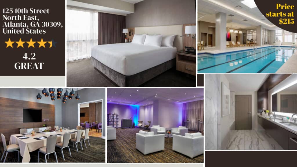 A collage showcasing various amenities at one of the best Atlanta hotels, including a bedroom, pool, event space, and bathroom, with information on the location and a starting price point for a stay.