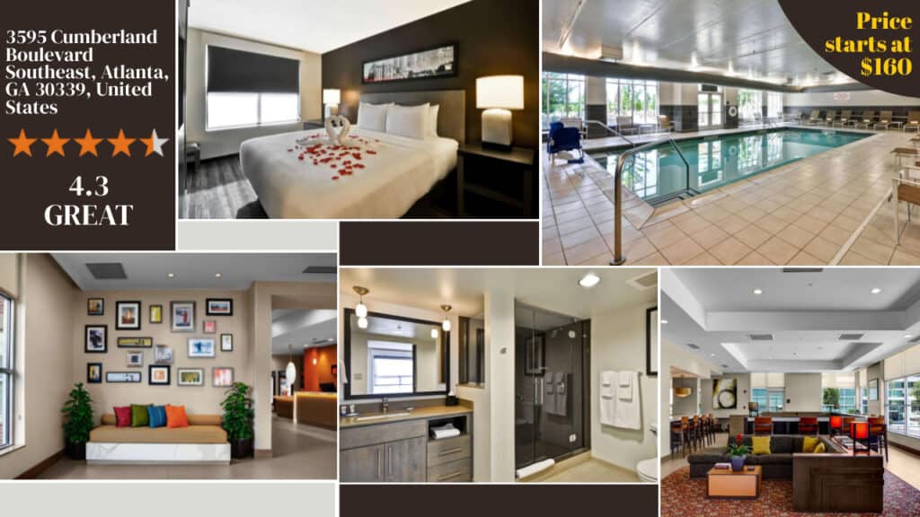 A collage showcasing various amenities of one of the best Atlanta hotels at 3595 Cumberland Boulevard, featuring a bedroom, lobby, swimming pool with indoor options, and living area, rated 4.3