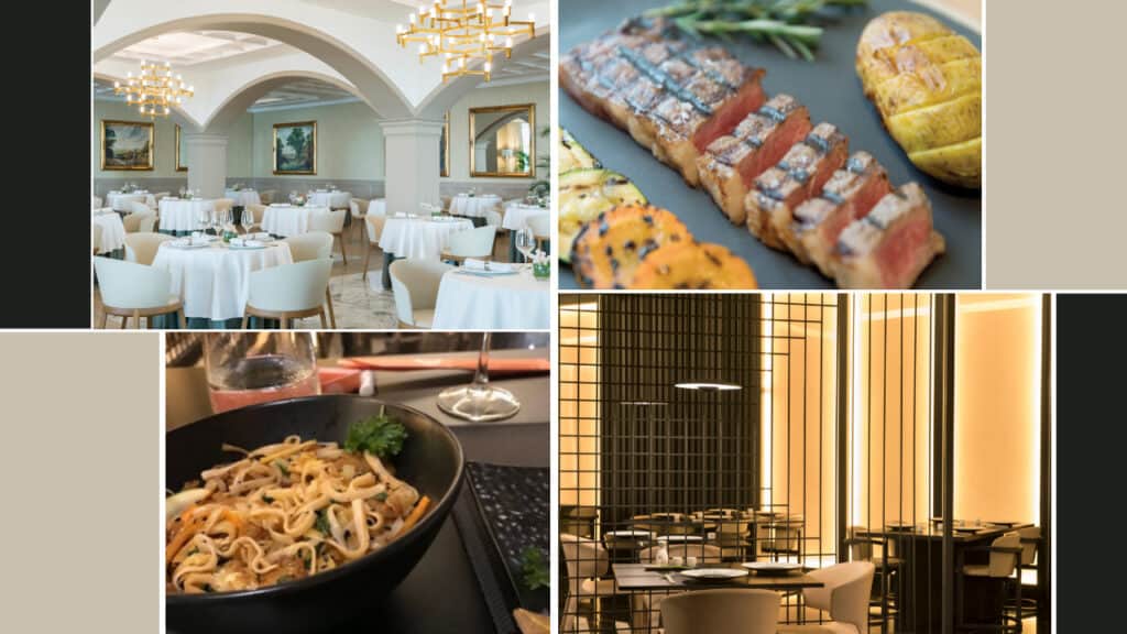 A collage of four images: a spacious, elegant restaurant interior in Jamaica hotels, grilled meat with vegetables, a bowl of noodles with toppings, and a modern, minimalist restaurant seating area.