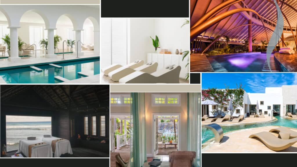 A collage of luxury spa and resort interiors in Jamaica hotels featuring swimming pools, lounge chairs, treatment rooms, and elegant relaxation areas, each space showcasing modern and serene design elements.