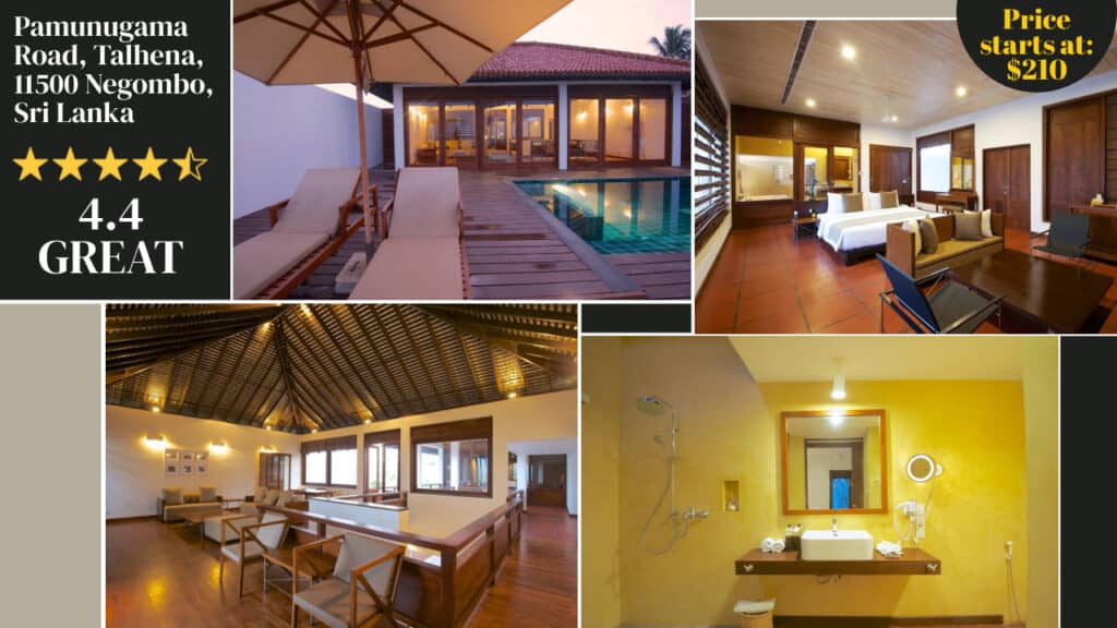 Collage of a luxury resort in Negombo, Sri Lanka shows poolside, living area, dining area, and bathroom along with details such as address, rating, and starting price. Discover one of the finest Sri Lanka hotels where elegance meets comfort.