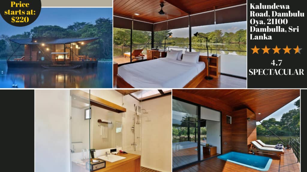 Collage of a houseboat with an interior view of a bedroom, bathroom, and patio with an outdoor pool. Details include price starting at $220, a 4.7-star rating, and location in Dambulla, Sri Lanka—one of the premier Sri Lanka hotels.