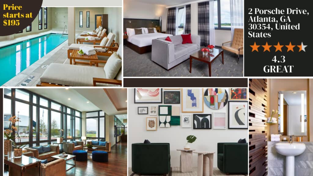 A collage showcasing various rooms and amenities of one of the best Atlanta hotels located at 2 Porsche Drive, Atlanta, GA, with a starting price of $195.