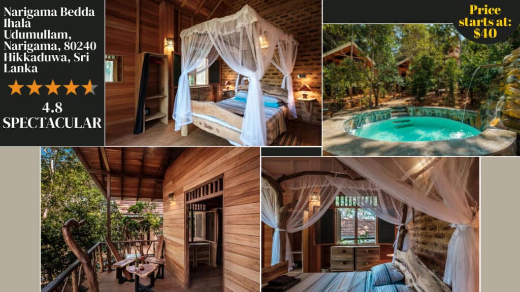 A collage showcasing a wooden cabin in Sri Lanka with a canopy bed, private jacuzzi, and outdoor seating. This idyllic retreat is part of the top Sri Lanka hotels, boasting a 4.8-star rating and prices starting at just $40.