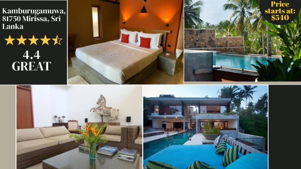 Collage showing a luxurious villa in Kamburugamuwa, Sri Lanka. Images include a bedroom, outdoor pool, lounge area, and exterior view of the villa. Text indicates a 4.4 rating and starting price of $540. Perfect for those exploring Sri Lanka hotels for their next getaway.