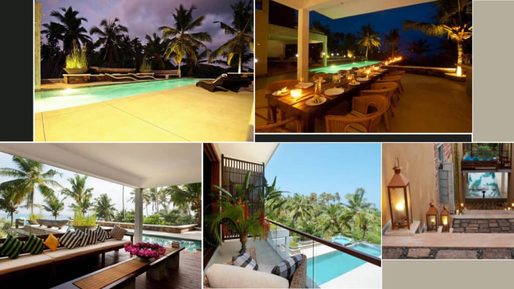 A collage of luxury Sri Lanka hotels features images of a pool at sunset, an outdoor dining area at night, a lounge area with palm trees, a balcony view, and a patio with lanterns.