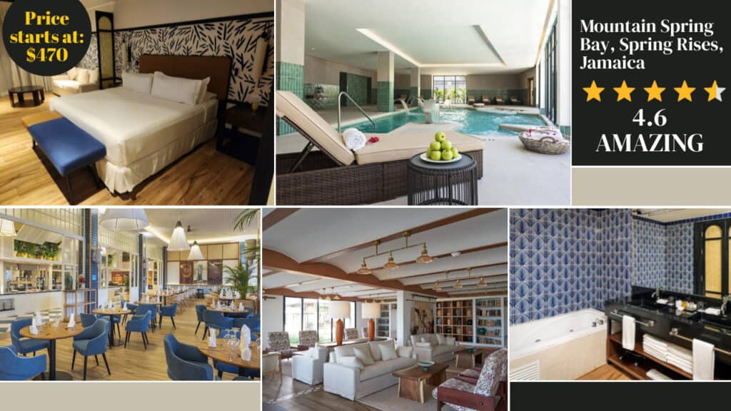 Collage of a hotel featuring a bedroom, indoor pool, dining area, lounge, and bathroom. Text overlay: "Mountain Spring Bay, Spring Rises, Jamaica. Price starts at: $470. 4.6 stars. AMAZING." Experience the best of Jamaica hotels with us!