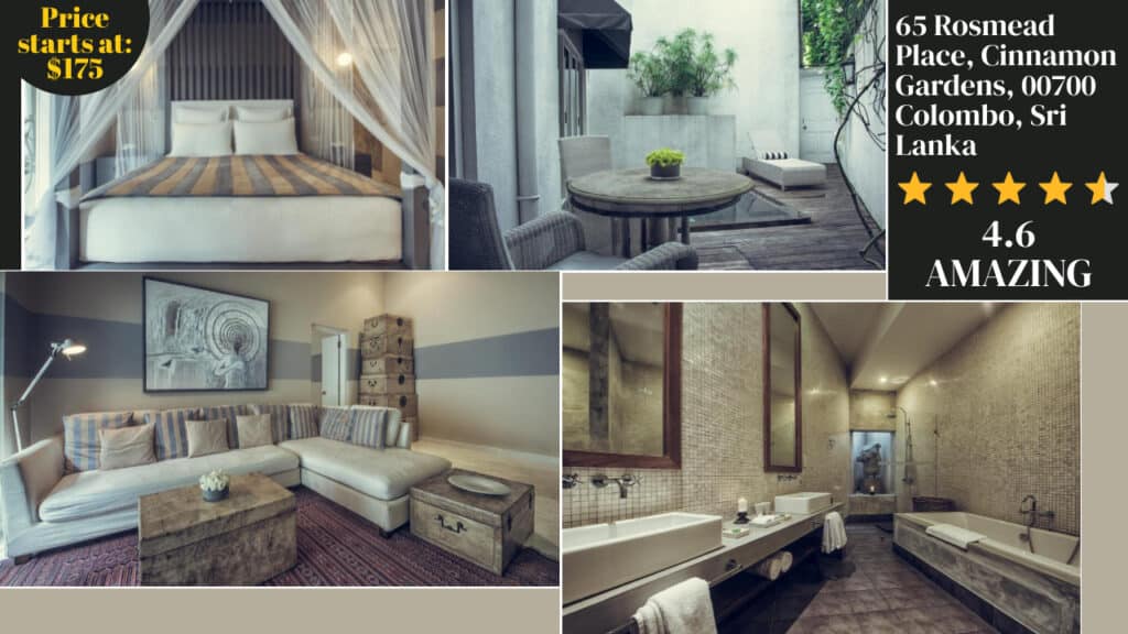 A collage featuring a luxurious Sri Lanka hotel room with a canopy bed, small outdoor seating area, living room with a sofa, and a bathroom with two sinks and a bathtub. The hotel's address and price details are prominently displayed.