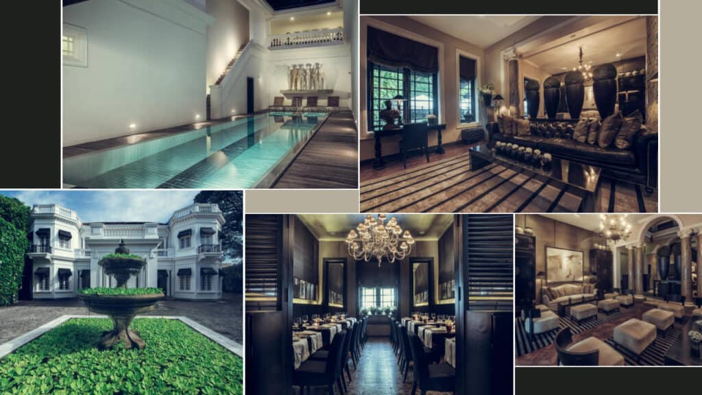 A collage of five images depicting an elegant Sri Lanka hotel, featuring a mansion with a pool area, a formal dining room, a luxurious living room, a grand chandelier-lit dining hall, and an outdoor facade with lush greenery.