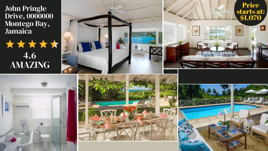 Collage of a Montego Bay resort, one of the finest Jamaica hotels, showcasing a bedroom, living room, bathroom, outdoor dining area, and pool. Text highlights a 4.6-star rating, address, and room price starting at $1,070.