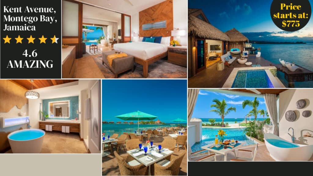 Collage of a luxury resort in Montego Bay, Jamaica, featuring a bedroom, bathroom, poolside dining, and private pool overlooking the ocean. Price starts at $775. Rated 4.6 stars among Jamaica hotels.