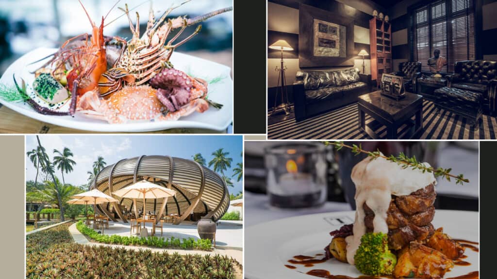 A collage of four images: a seafood platter, a stylish lounge area with leather seating, a resort with a uniquely designed wooden structure reminiscent of Sri Lanka hotels, and a plated gourmet meat dish with vegetables.